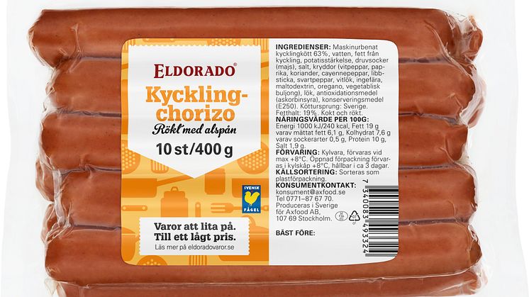 Axfood återkallar ytterligare Eldorado kycklinggrillkorv 400 g och Eldorado kycklingchorizo 400 g