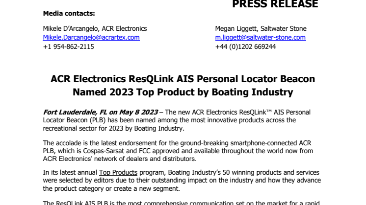 May 8 2023 - ACR ResQLink AIS PLB Named 2023 Top Product by Boating Industry.pdf