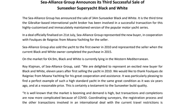 Sea-Alliance Group Announces its Third Successful Sale of Sunseeker Superyacht Black and White