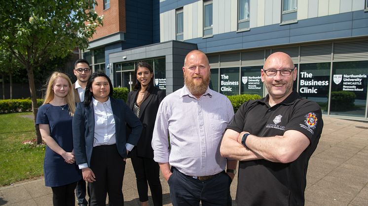 Back (L to R): The Business Clinic student consultancy team Emily Spink, Amir Aynetchi, Jiali Liu and Christina Krommyda with their clients Neil Osborne and Keith Broughton from Northumberland Spirit Company.