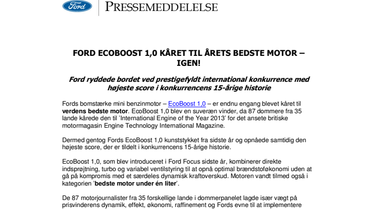 FORD ECOBOOST 1,0 KÅRET TIL ÅRETS BEDSTE MOTOR – IGEN!