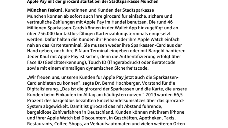 Apple Pay mit der girocard startet bei der Stadtsparkasse München
