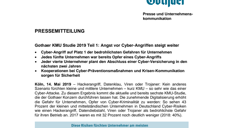 Gothaer KMU Studie 2019 Teil 1: Angst vor Cyber-Angriffen steigt weiter