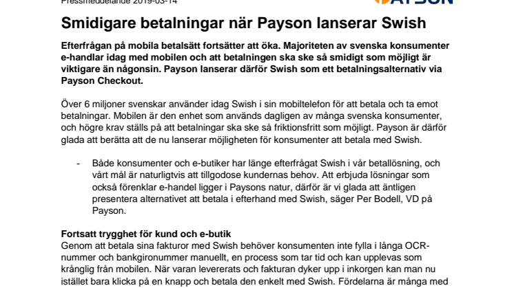 Smidigare betalningar när Payson lanserar Swish
