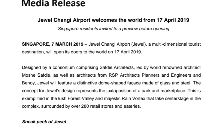 Jewel Changi Airport welcomes the world from 17 April 2019