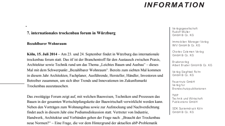 7. internationales trockenbau forum in Würzburg