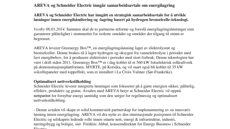 AREVA og Schneider Electric inngår samarbeidsavtale om energilagring