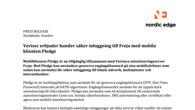 Verisec erbjuder kunder säker inloggning till Freja med mobila klienten Pledge