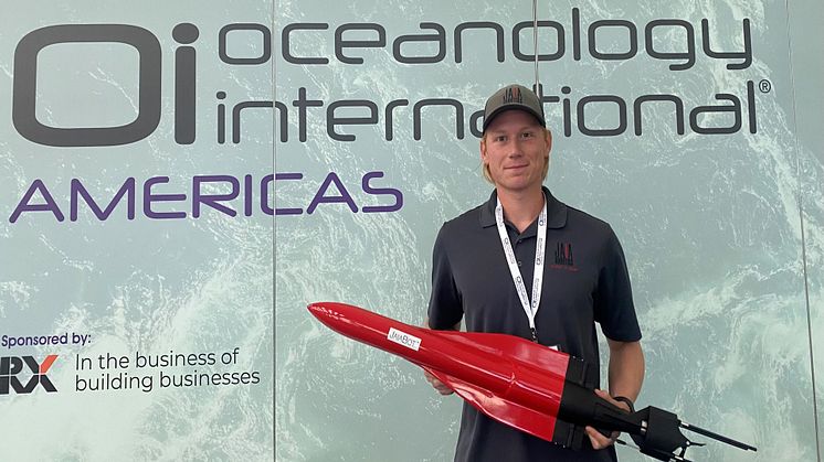 Michael Rock of Jaia Robotics, first time attendees at OiA, who announced strategic partnership with Marine Acoustics, Inc. (MAI) at the show.