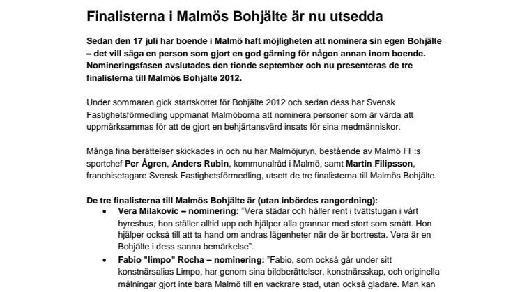 Finalisterna i Malmös Bohjälte är nu utsedda 