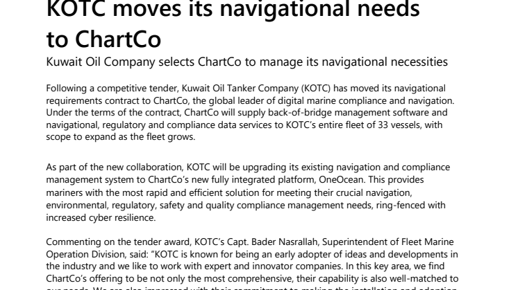 ChartCo: KOTC moves its navigational needs  to ChartCo