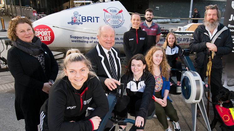 Northumbria University students, staff, partners and Phil Packer MBE (far right) come together to launch Northumbria's Row Britannia Challenge