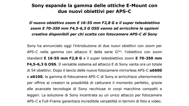 Sony espande la gamma delle ottiche E-Mount con due nuovi obiettivi per APS-C 