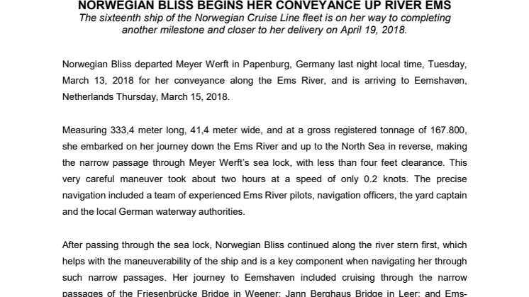 Norwegian Bliss begins her conveyance up river Ems