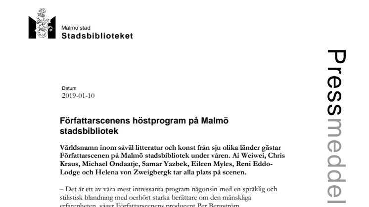 Ai Weiwei, Samar Yazbek och Chris Kraus till Författarscenen i Malmö i vår