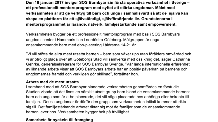 SOS Barnbyar startar professionellt mentorsprogram i Hammarkullen