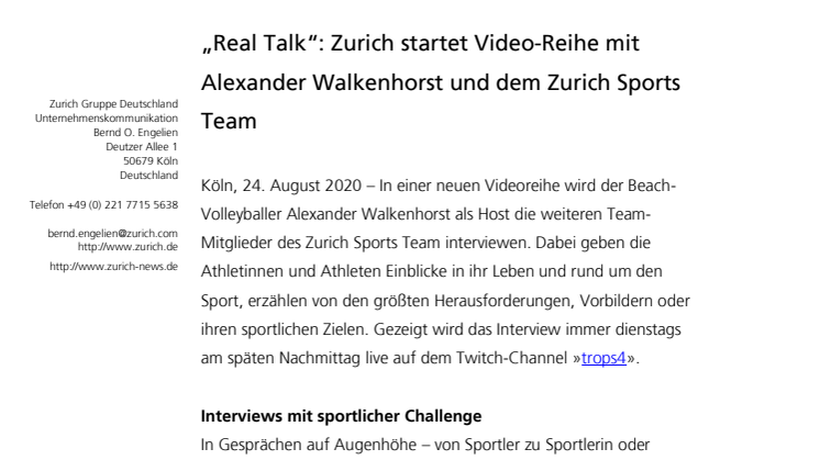 „Real Talk“: Zurich startet Video-Reihe mit Alexander Walkenhorst und dem Zurich Sports Team