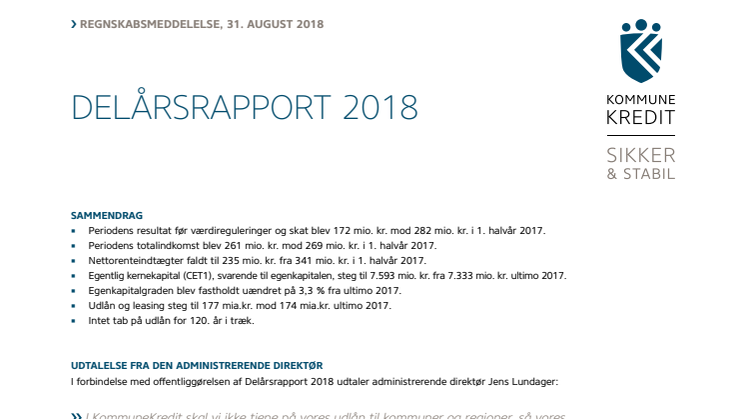 KommuneKredit offentliggør Delårsrapport 2018