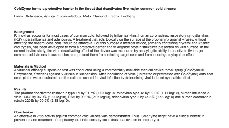 Stefansson et al, ColdZyme forms a protective barrier in the throat that deactivates five major common cold viruses, Congress of the Swedish Association of Otolaryngology, 2018_Abstract
