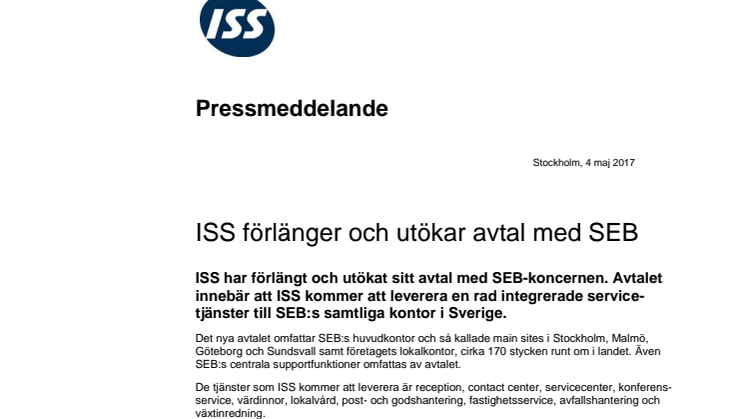 ISS förlänger och utökar avtal med SEB