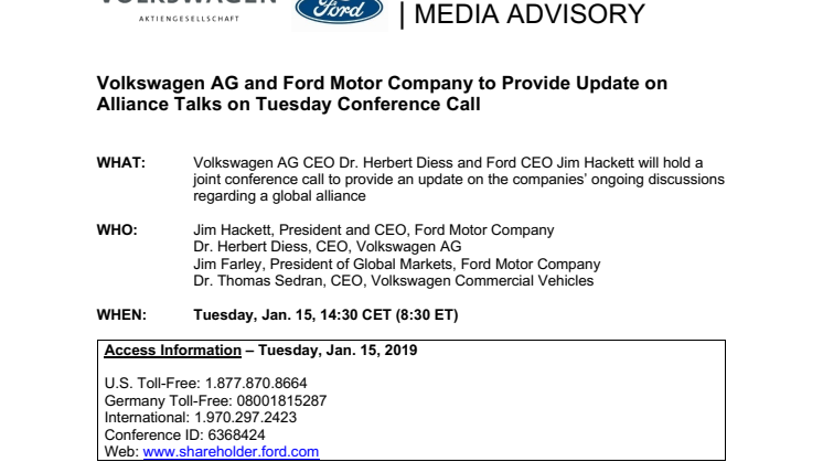 Volkswagen AG and Ford Motor Company to Provide Update on Alliance Talks on Tuesday Conference Call 