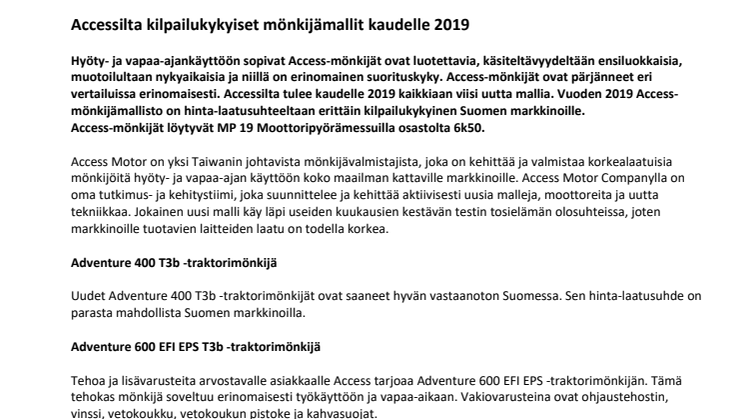 Accessilta kilpailukykyiset mönkijämallit kaudelle 2019