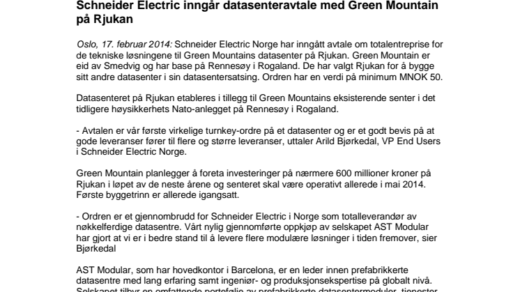 Schneider Electric inngår datasenteravtale med Green Mountain på Rjukan 