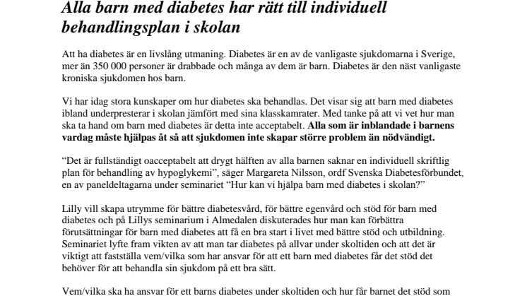 Almedalen 2011: Alla barn med diabetes har rätt till individuell behandlingsplan i skolan