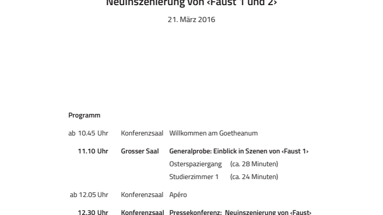 Goetheanum-Bühne: Medienevent am 21. März 2016 zur Neuinszenierung von Goethes "Faust 1 und 2" (ungekürzt)