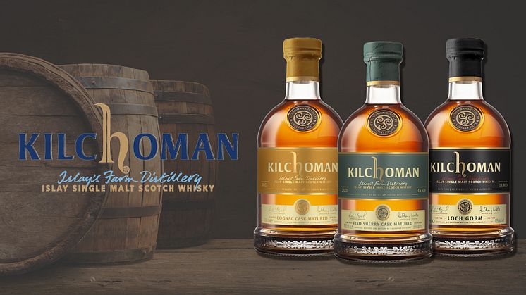 Kilchoman Loch Gorm 2023, Cognac Cask Matured och Fino Sherry Cask Matured.