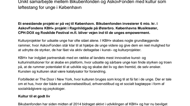 Unikt samarbejde mellem Bikubenfonden og AskovFonden med kultur som løftestang for unge i København