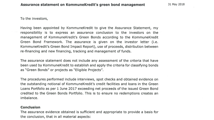 Assurance Statement as of 31 May 2018
