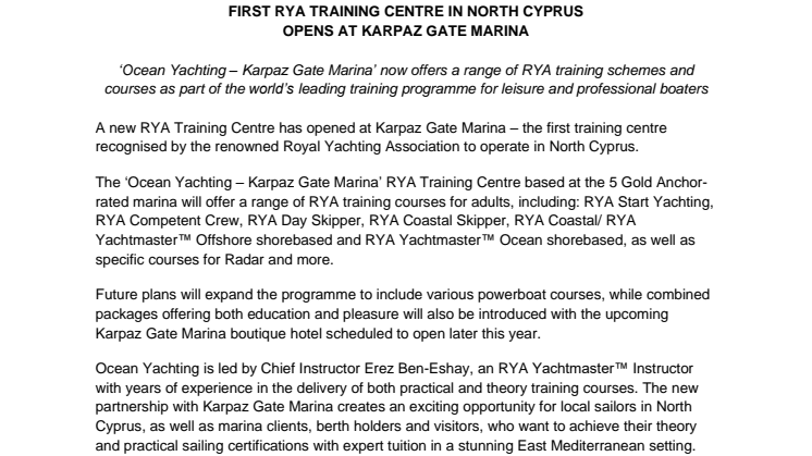First RYA Training Centre in North Cyprus Opens at Karpaz Gate Marina