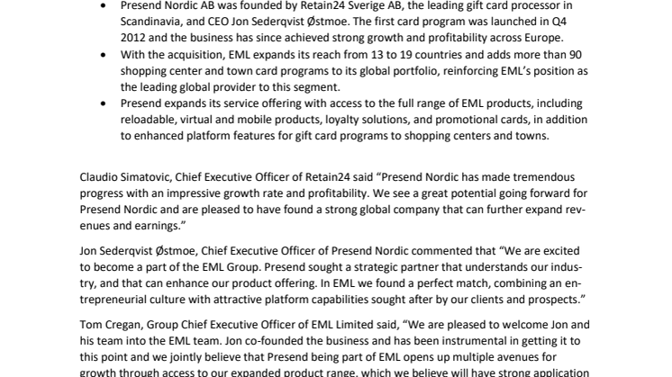 EML Limited Acquires PRESEND