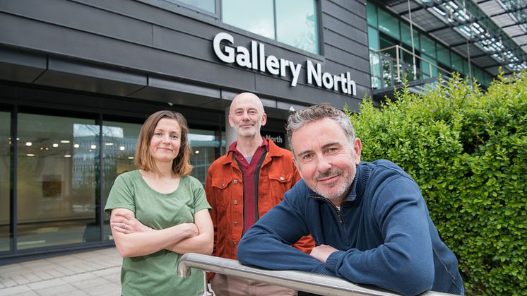 MFA student Celia Burbush, MFA co-Programme Leader Gavin Butt and Deputy Head of Arts, Steve Gilroy, are pictured outside the new look Gallery North.