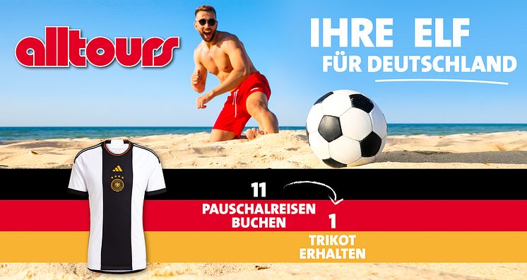 Bei der alltours Vertriebsaktion „Ihre Elf für Deutschland“ winkt Reisebüros ein Original adidas DFB Heimtrikot der deutschen Fußballnationalmannschaft. 