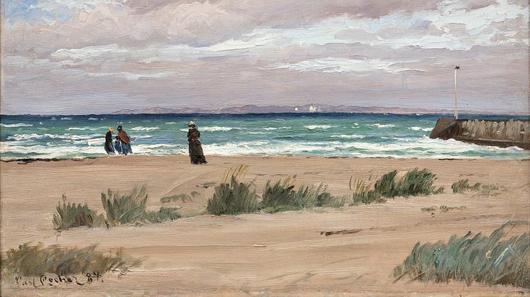 Carl Locher, 'Parti fra Hornbæk strand med mørkklædte figurer', 1887. Privateje