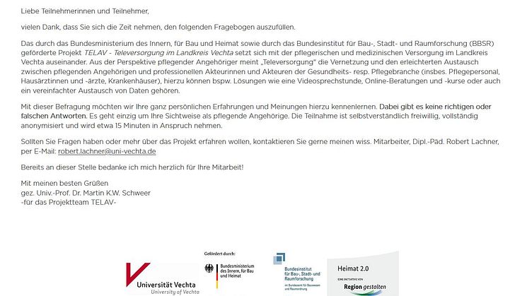 Projekt zur Gesundheitsversorgung im Landkreis Vechta | Uni Vechta sucht pflegende Angehörige für Befragungen
