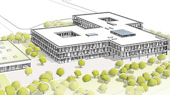 Das Schulgebäude (rechts im Bild) ist als Holz-Hybrid-Bau geplant, wodurch im Vergleich zu herkömmlicher Bauweise ein beachtlicher Teil an CO2 eingespart bzw. in den Baustoffen gebunden wird. (© bks & partner bauer reichert seitz architekten mbb)