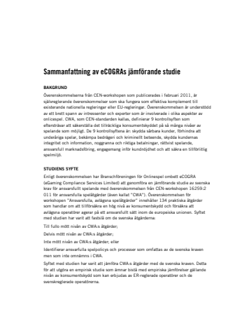Sammanfattning av jämförelse mellan CEN-standarden och svensk reglering