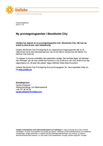 Ny provtagningsenhet i Stockholm City
