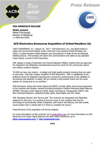 ACR Electronics and Ocean Signal: ACR Electronics Announces Acquisition of United Moulders Ltd.