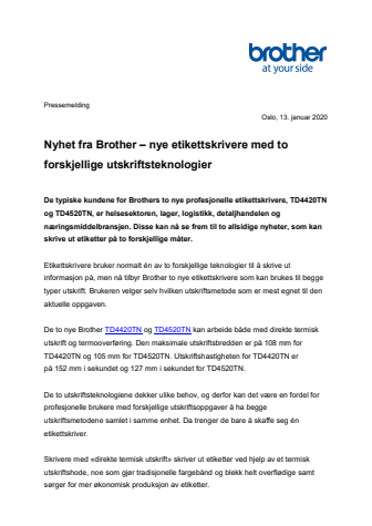Nyhet fra Brother – nye etikettskrivere med to forskjellige utskriftsteknologier