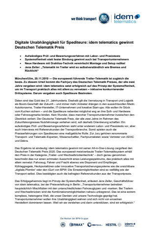 Digitale Unabhängigkeit für Spediteure: idem telematics gewinnt Deutschen Telematik Preis 