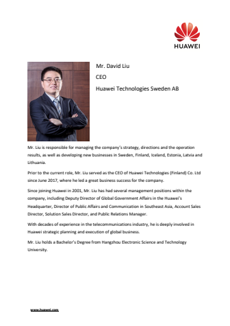 CV David Liu, VD Huawei Technologies Sweden AB