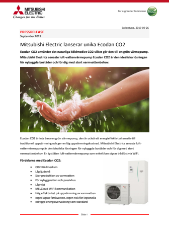 Mitsubishi Electric lanserar unika Ecodan CO2 