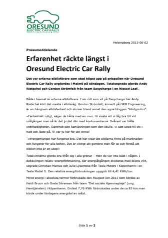 Erfarenhet räckte längst i Oresund Electric Car Rally