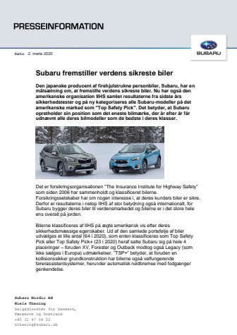 Subaru fremstiller verdens sikreste biler