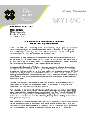 ACR Electronics Announces Acquisition  of SKYTRAC by Drew Marine