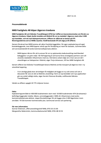 Pressmeddelande 2017-11-21: MKB Fastighets AB köper Jägersro travbana